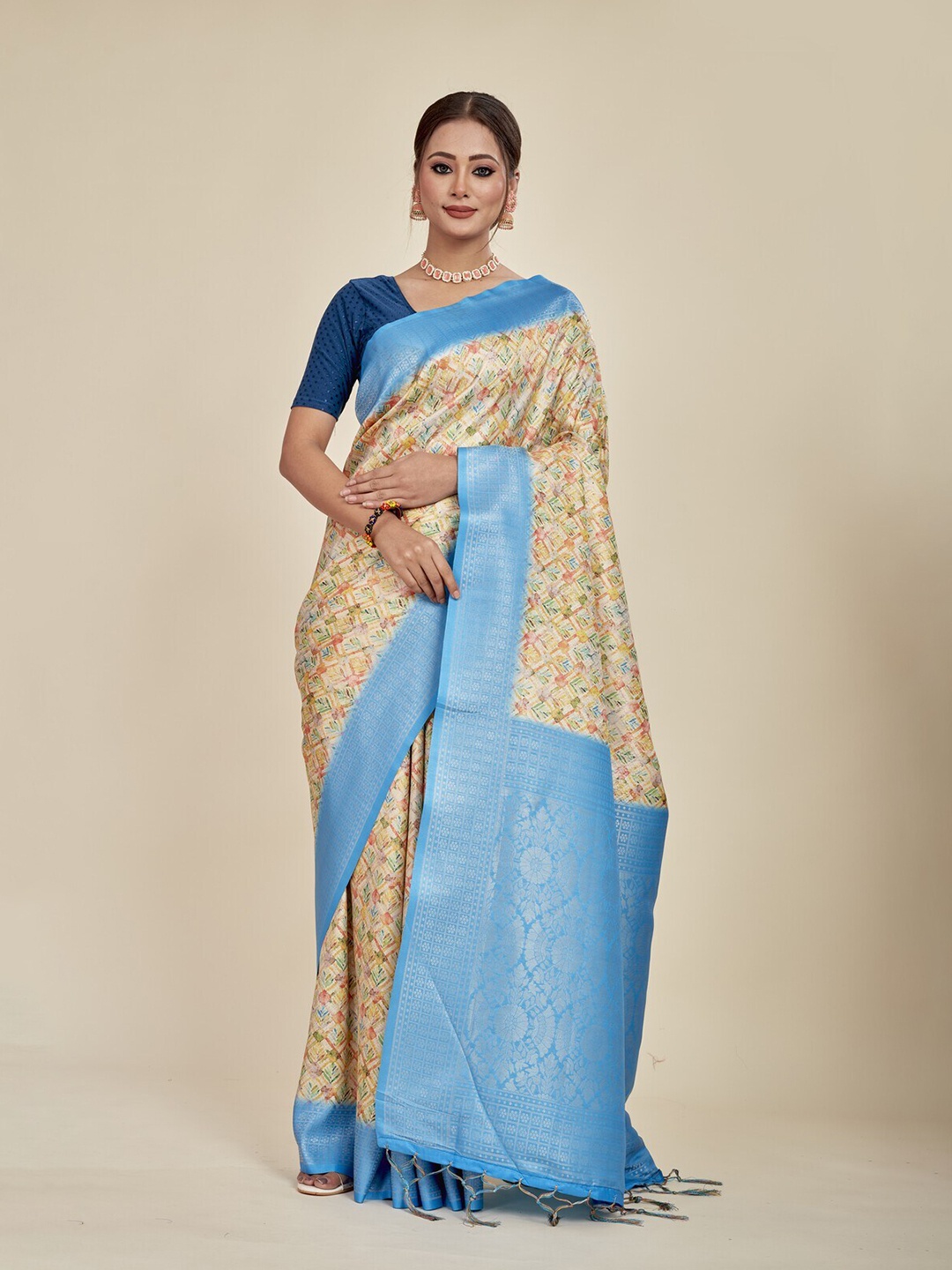 

MAHALASA Ethnic Motifs Printed Zari Detailed Silk Cotton Saree, Cream