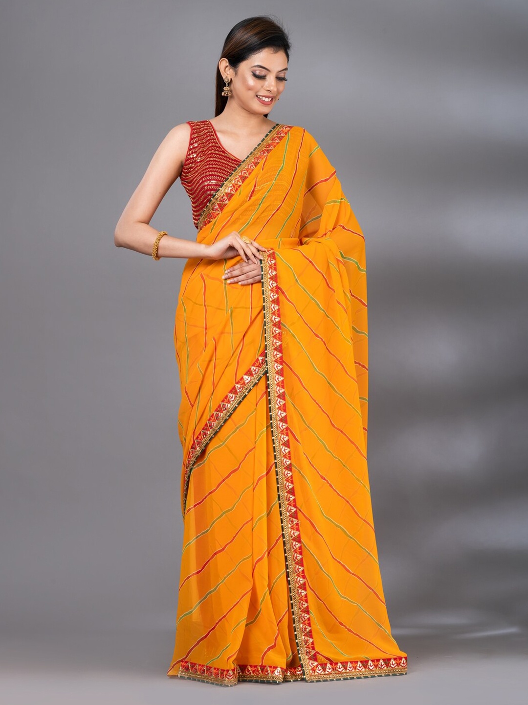 

MAHALASA Leheriya Printed Embroidered Leheriya Saree, Yellow