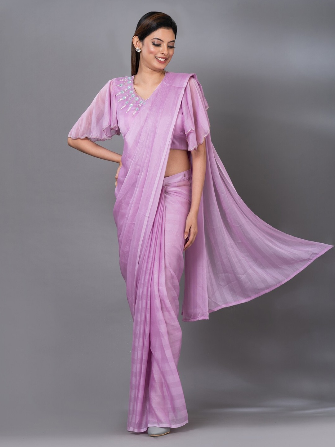

MAHALASA Striped Ready to Wear Saree, Lavender