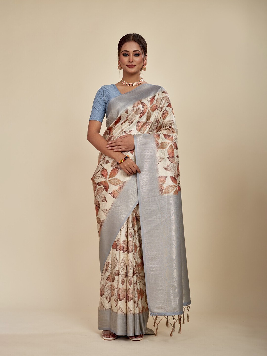 

MAHALASA Digital Printed Zari Silk Cotton Saree, Beige