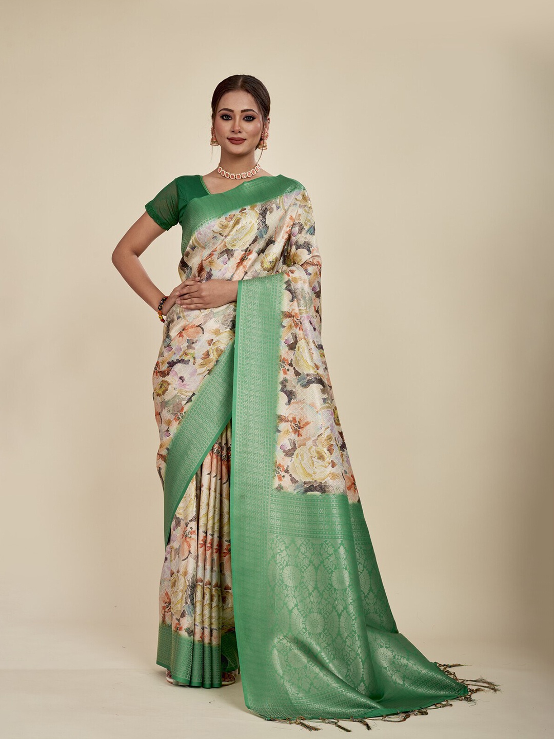 

MAHALASA Floral Printed Zari Silk Cotton Saree, Cream
