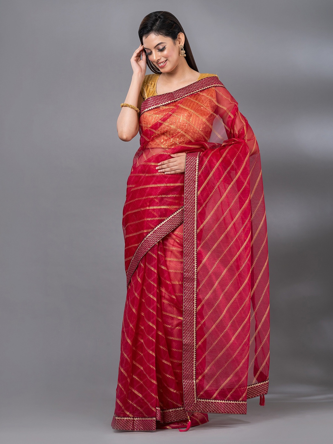 

MAHALASA Striped Embroidered Detailed Pure Chiffon Saree, Red