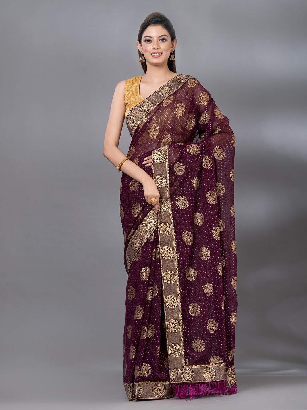 

MAHALASA Ethnic Motifs Woven Design Zari Pure Chiffon Saree, Magenta