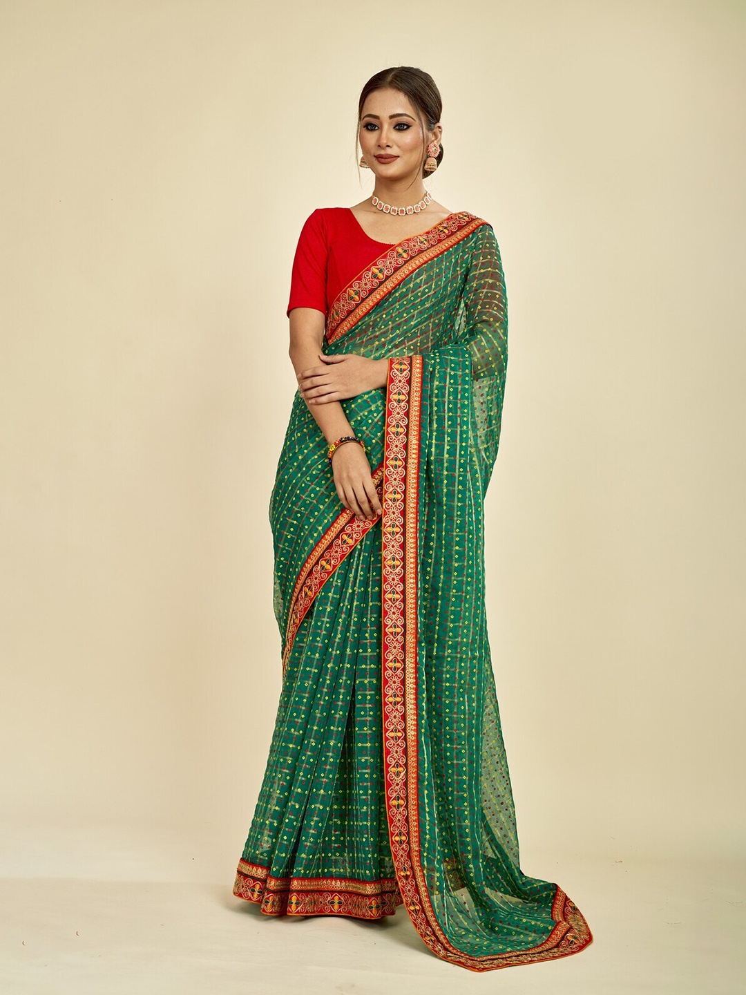 

MAHALASA Bandhani Printed Embroidered Pure Chiffon Saree, Green