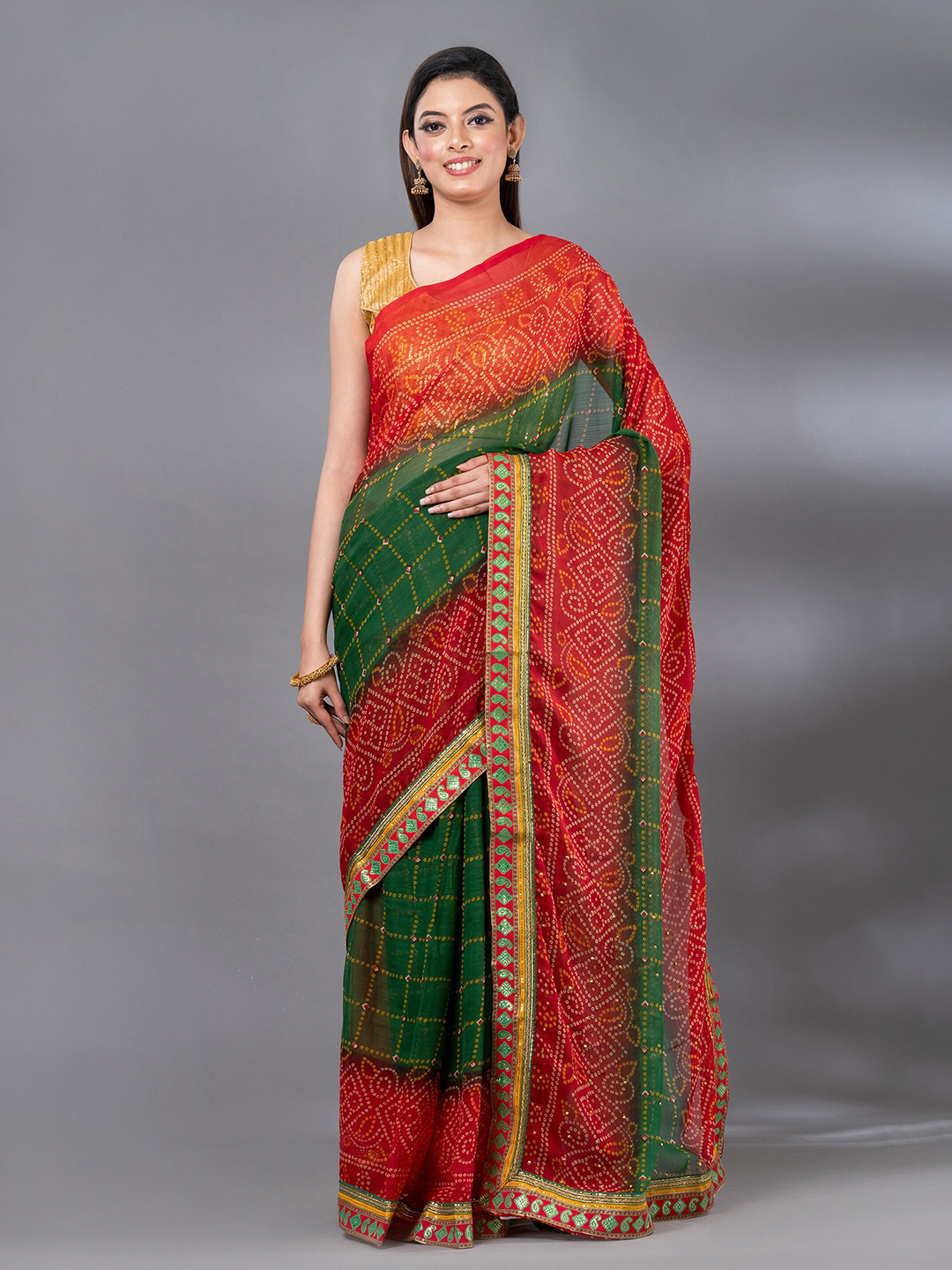 

MAHALASA Bandhani Printed Pure Chiffon Saree, Green