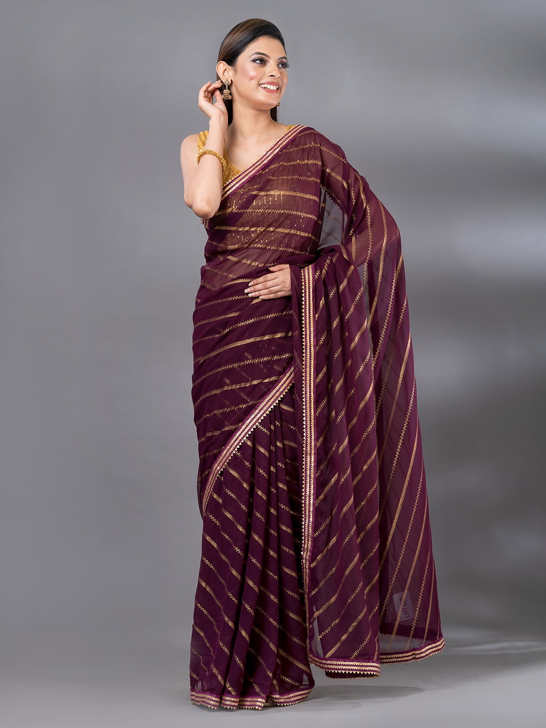 

MAHALASA Striped Gotta Patti Pure Chiffon Saree, Magenta