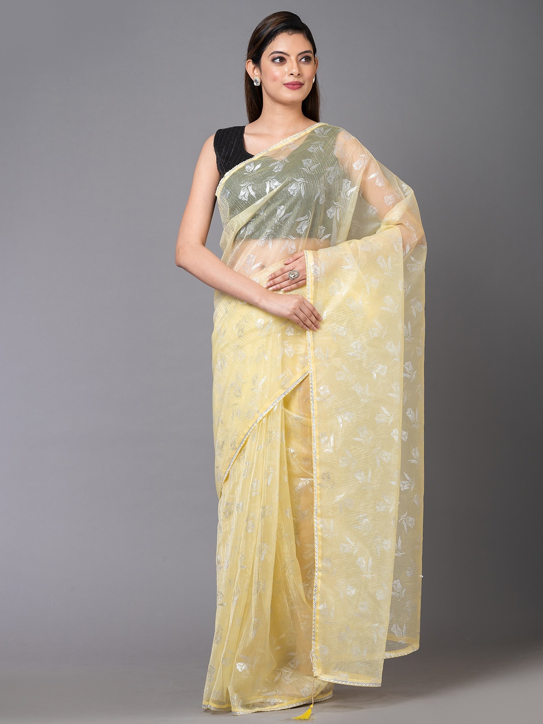 

MAHALASA Floral Printed Embroidered Pure Chiffon Saree, Yellow