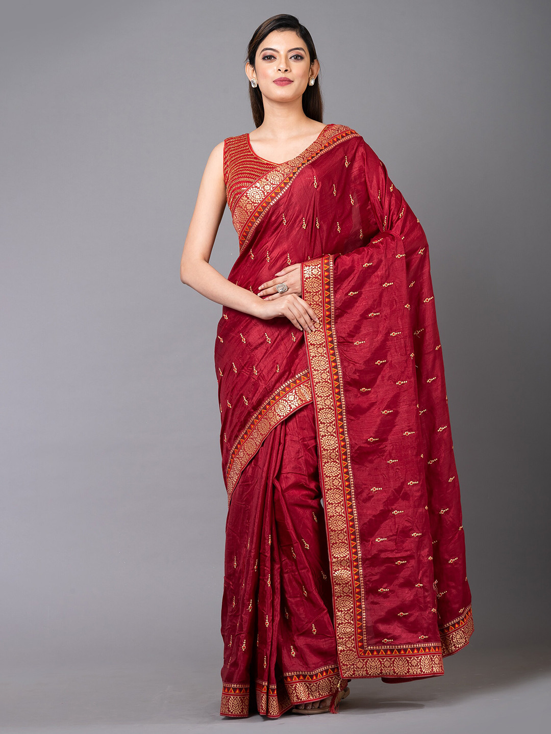 

MAHALASA Floral Embroidered Pure Chiffon Saree, Maroon