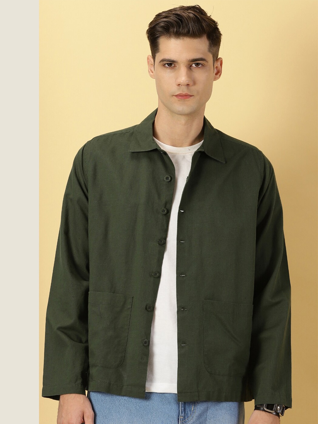 

Thomas Scott Modern Oversized Fit Box Pocket Cotton Linen Casual Shirt, Green