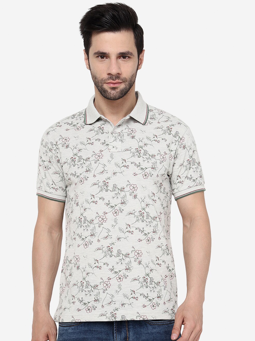 

Greenfibre Floral Printed Polo Collar Slim Fit T-shirt, Grey