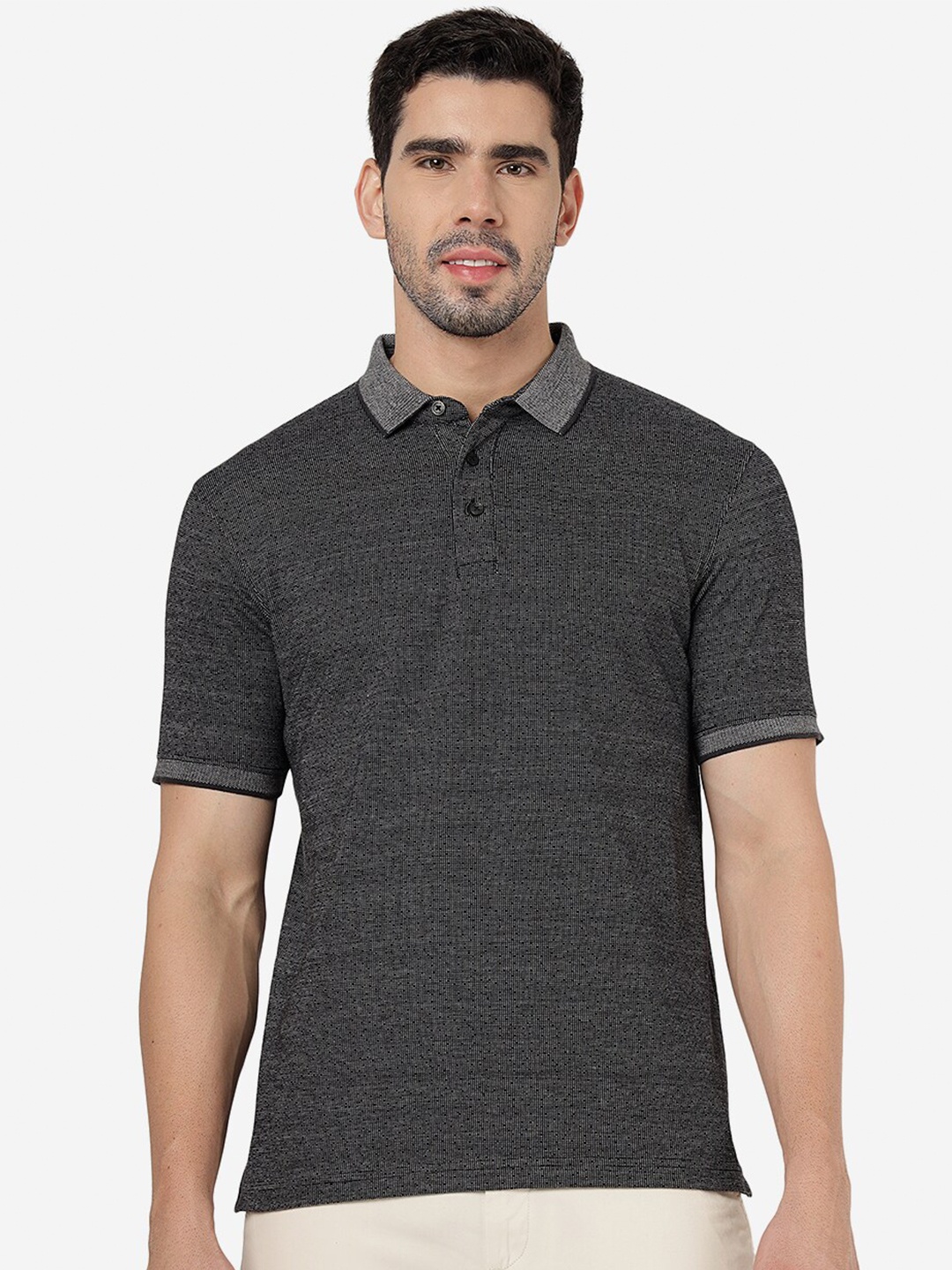

JADE BLUE Micro or Ditsy Printed Polo Collar Pure Cotton Slim Fit T-shirt, Charcoal