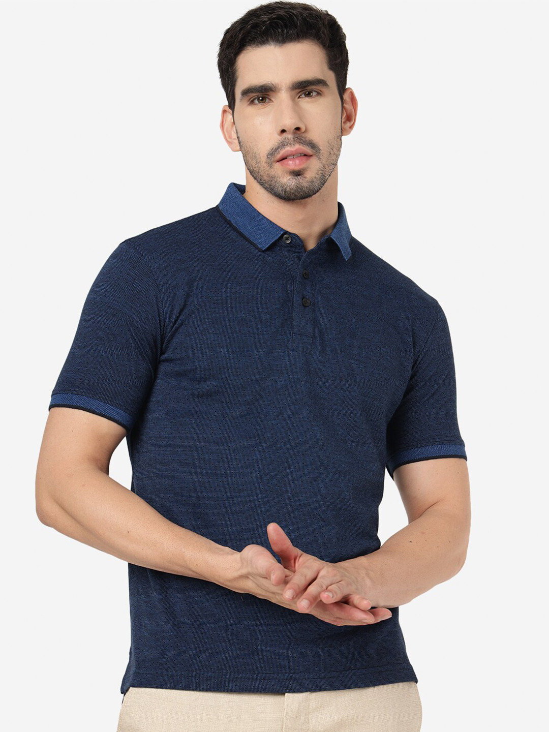 

JADE BLUE Micro or Ditsy Printed Polo Collar Pure Cotton Slim Fit T-shirt, Navy blue