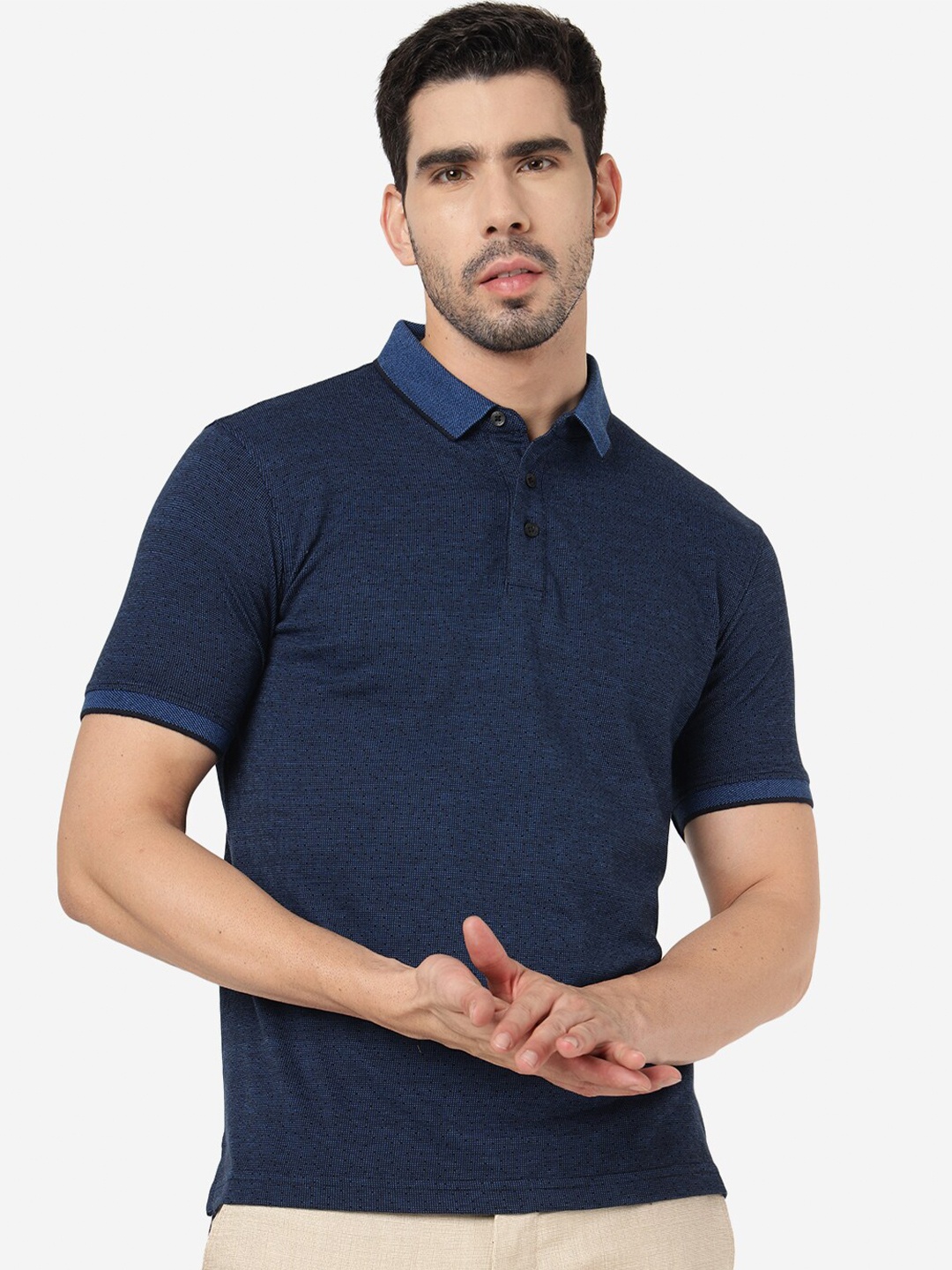 

JADE BLUE Abstract Printed Polo Collar Pure Cotton Slim Fit T-shirt