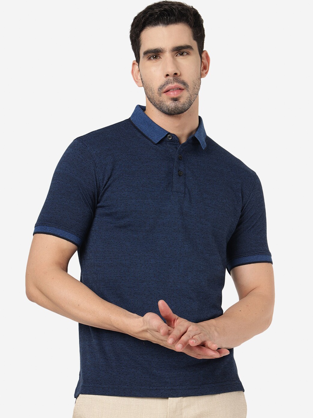 

JADE BLUE Self Design Polo Collar Pure Cotton Slim Fit T-shirt