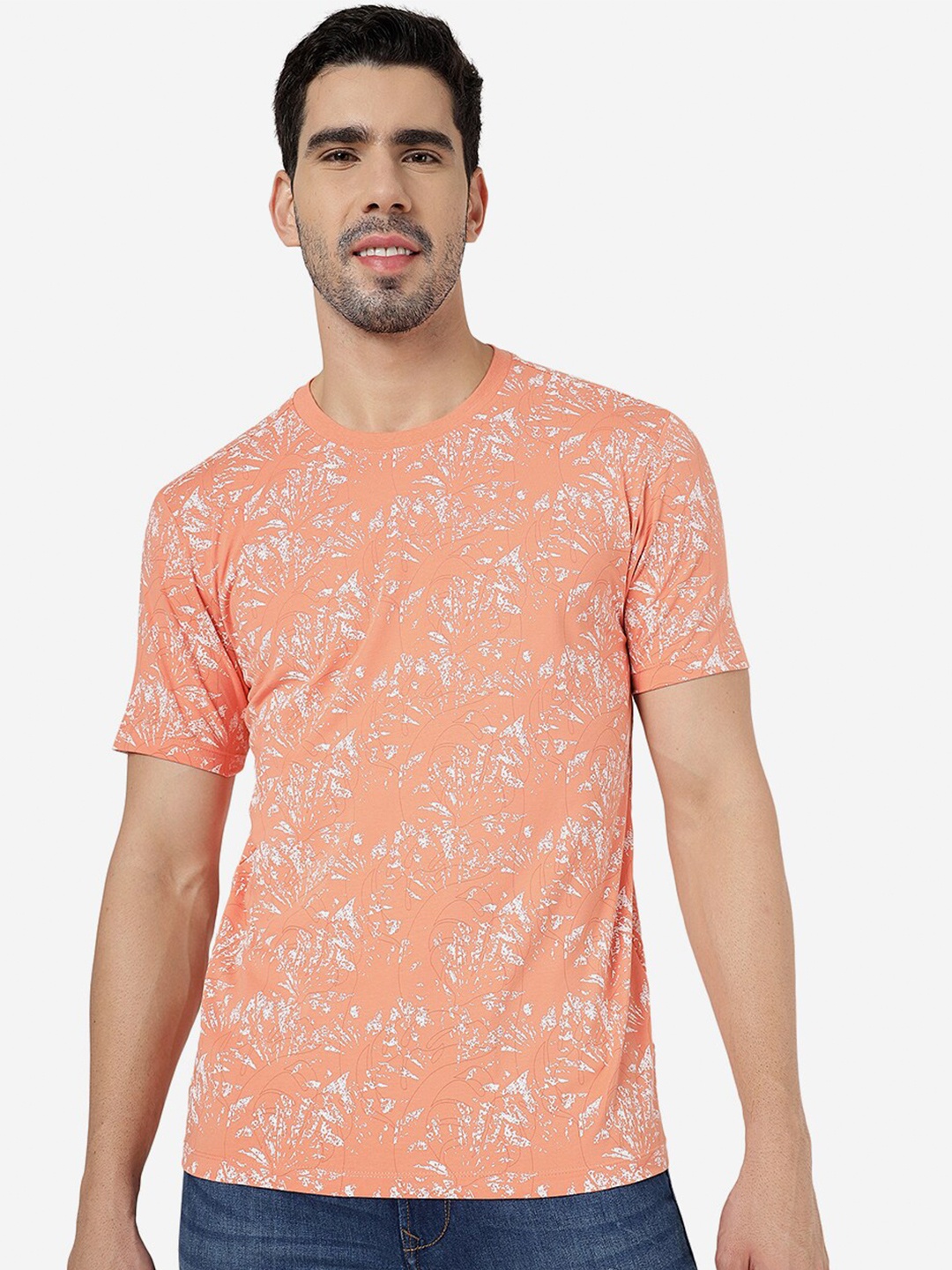 

JADE BLUE Floral Printed Round Neck Slim Fit Pure Cotton T-shirt, Orange