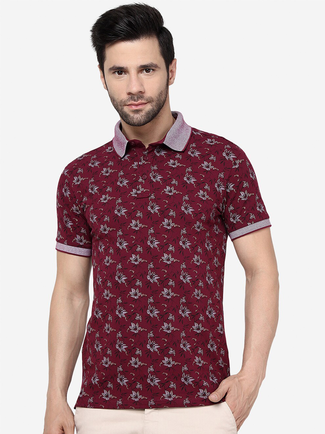 

JADE BLUE Floral Printed Polo Collar Slim Fit Pure Cotton T-shirt, Maroon