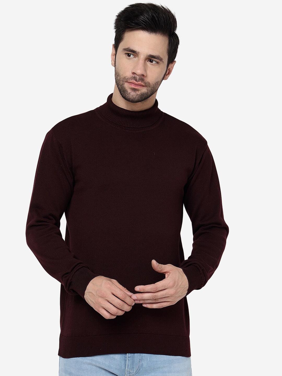 

JADE BLUE Turtle Neck Pure Cotton Slim Fit T-shirt, Maroon