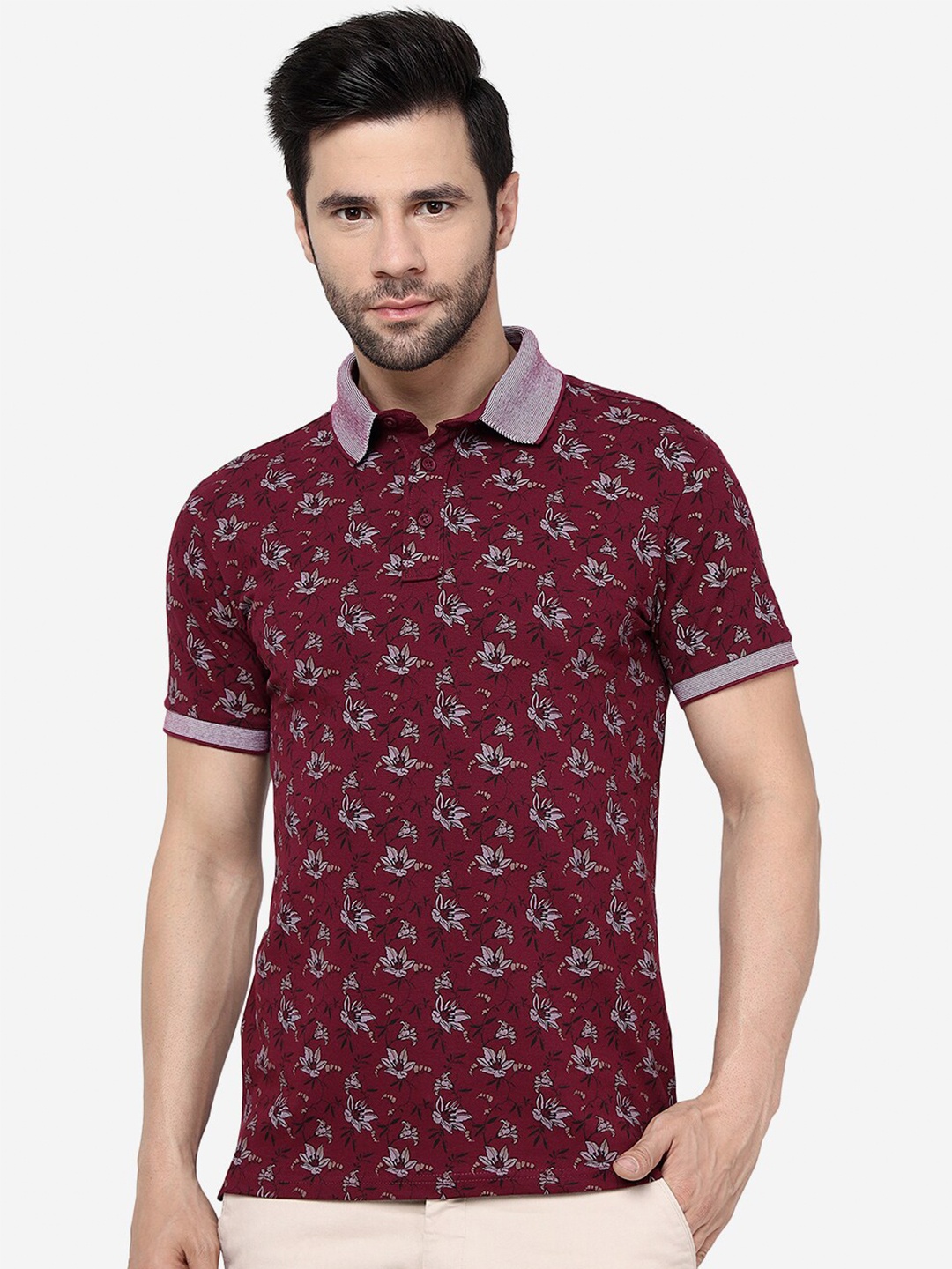 

JADE BLUE Printed Pure Cotton Polo Collar Slim Fit T-shirt, Maroon