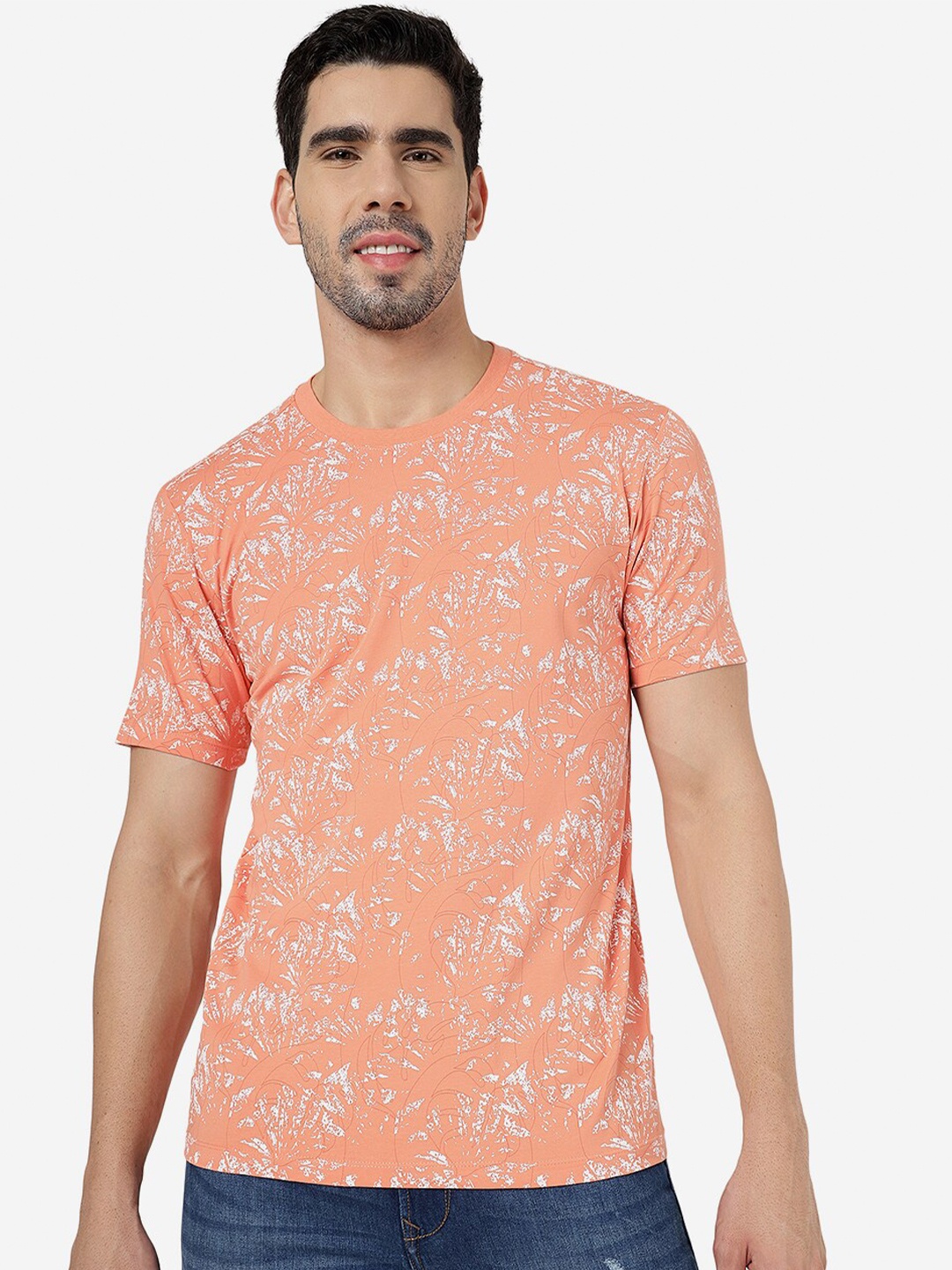 

JADE BLUE Floral Printed Pure Cotton Slim Fit T-shirt, Orange