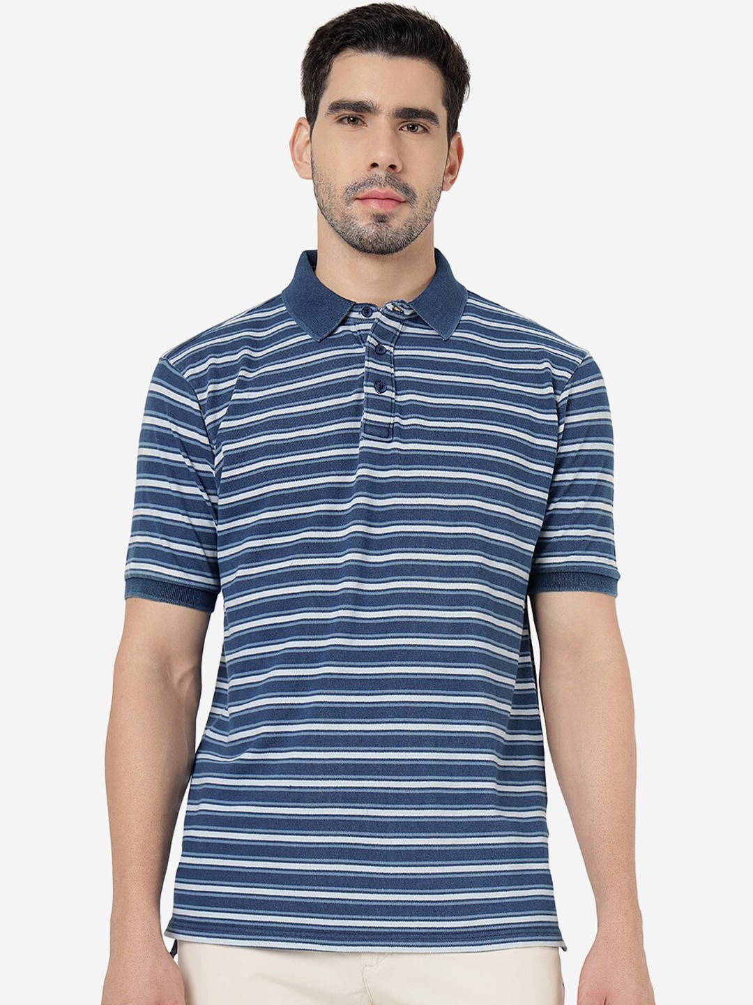 

JADE BLUE Striped Polo Collar Pure Cotton Slim Fit T-shirt