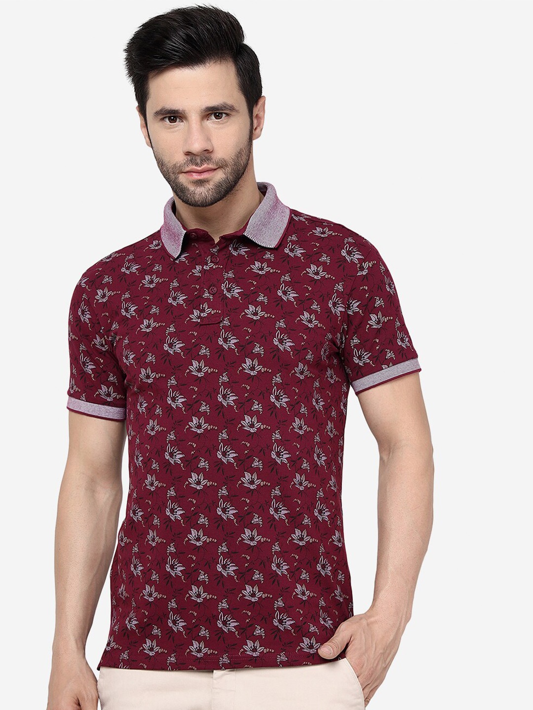 

JADE BLUE Floral Printed Polo Collar Slim Fit Pure Cotton T-shirt, Maroon
