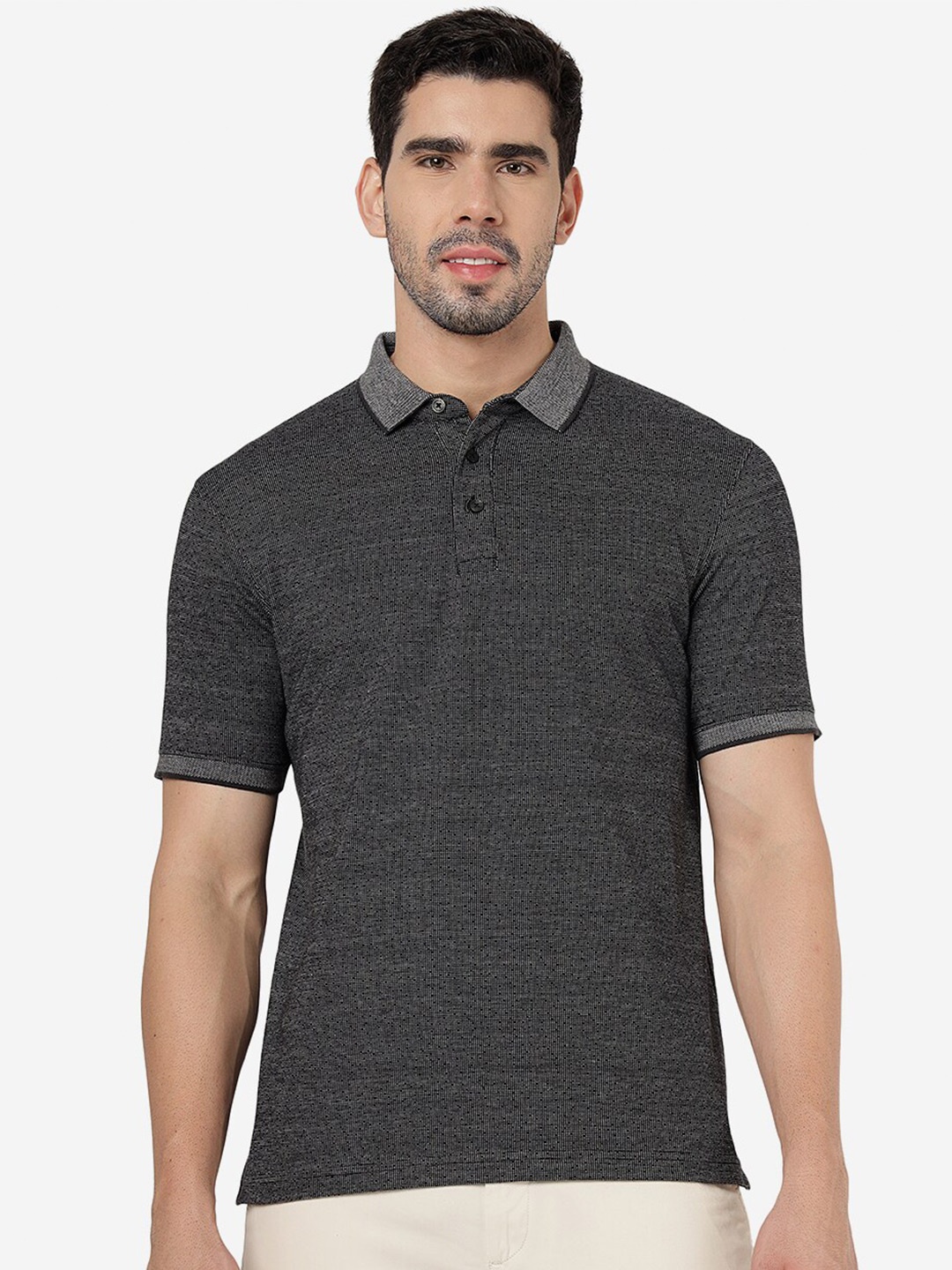 

JADE BLUE Printed Pure Cotton Polo Collar Slim Fit T-shirt, Grey