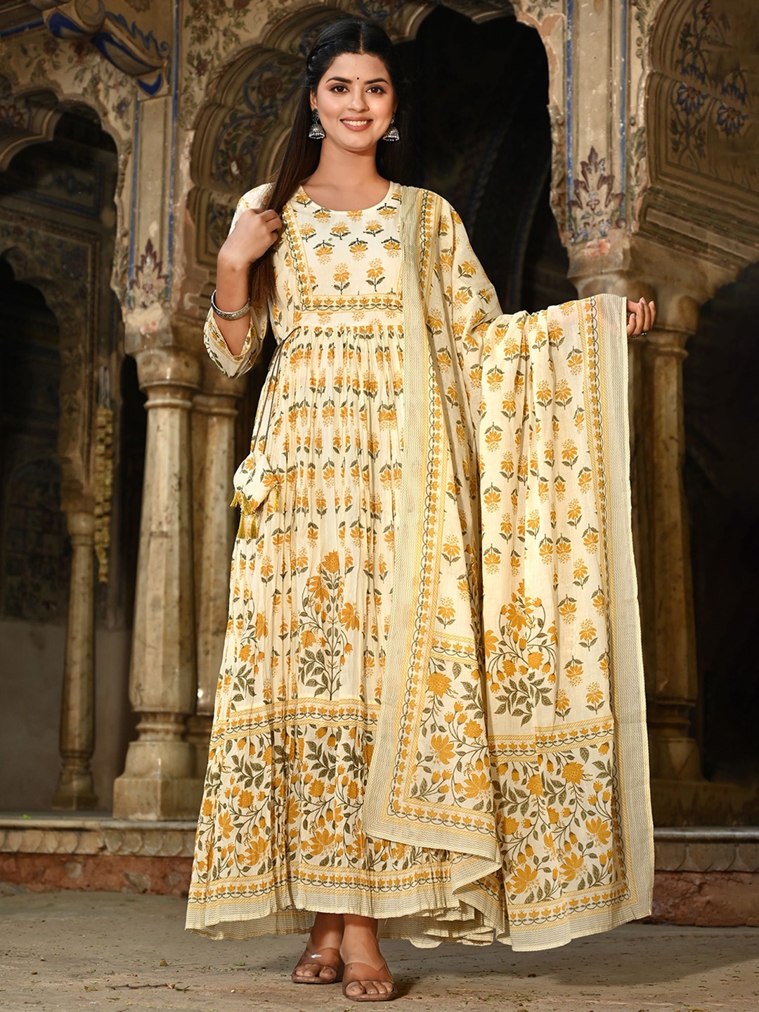 

ZARI Floral Printed Cotton Fit & Flare Ethnic Dresses With Dupatta, Yellow