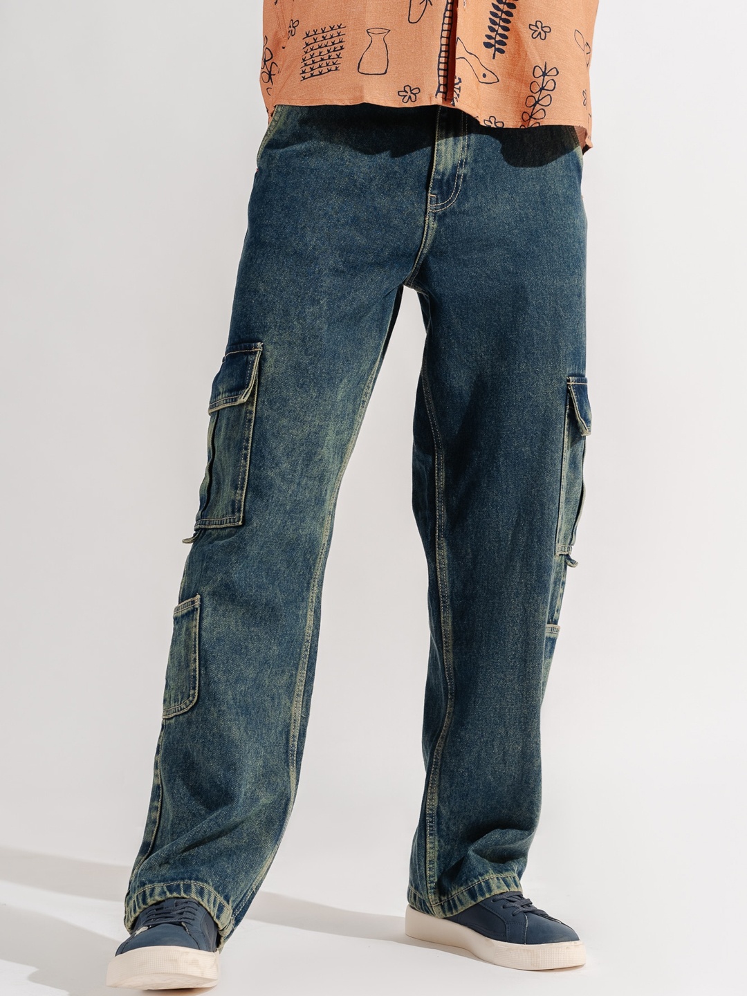 

FREAKINS Men High-Rise Pure Cotton Cargo Jeans, Blue