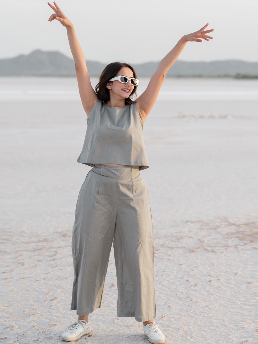 

Babli Round Neck Pure Cotton Top With Palazzo, Grey