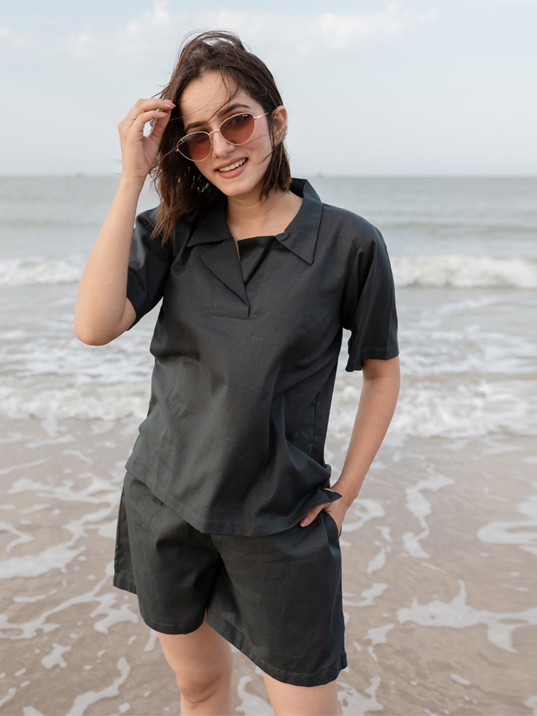 

Babli Lapel Collar Pure Cotton Top With Shorts, Grey