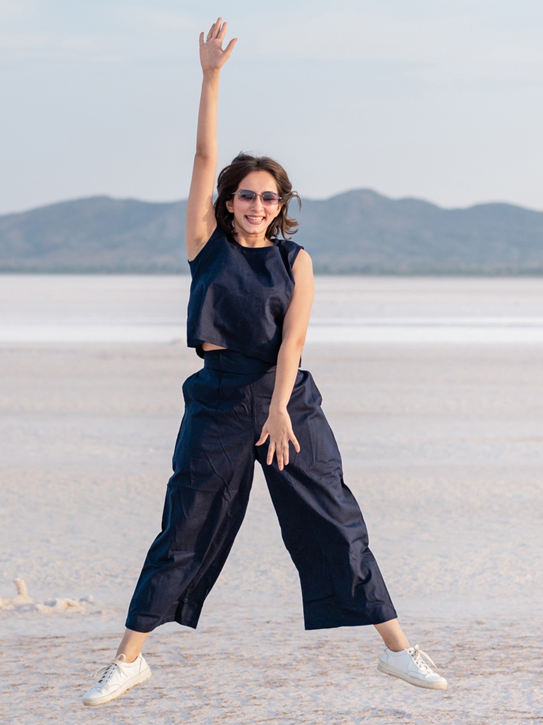 

Babli Round Neck Pure Cotton Top With Palazzo Co-Ords, Navy blue