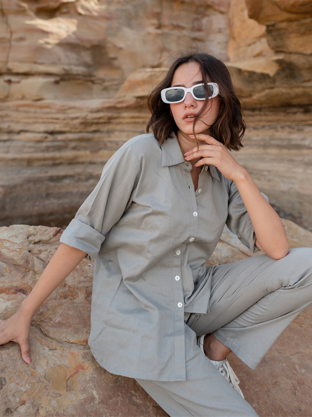 

Babli Shirt Collar Pure Cotton Shirt With Trousers Co-Ords, Grey
