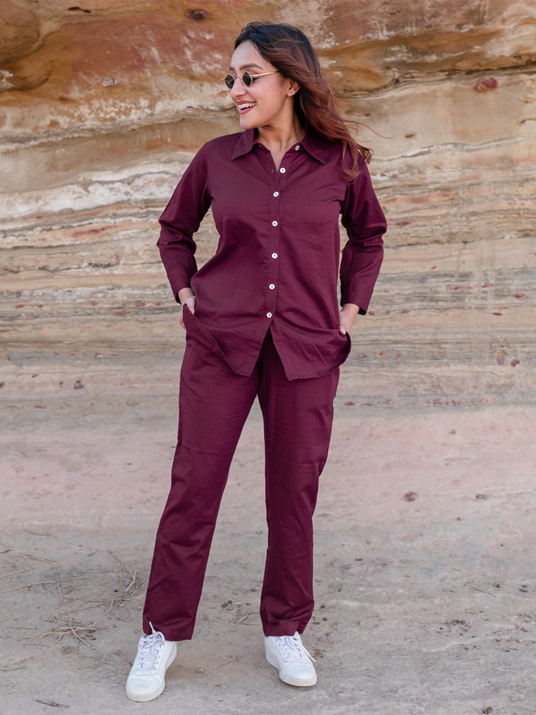

Babli Shirt Collar Pure Cotton Shirt With Trousers Co-Ords, Burgundy