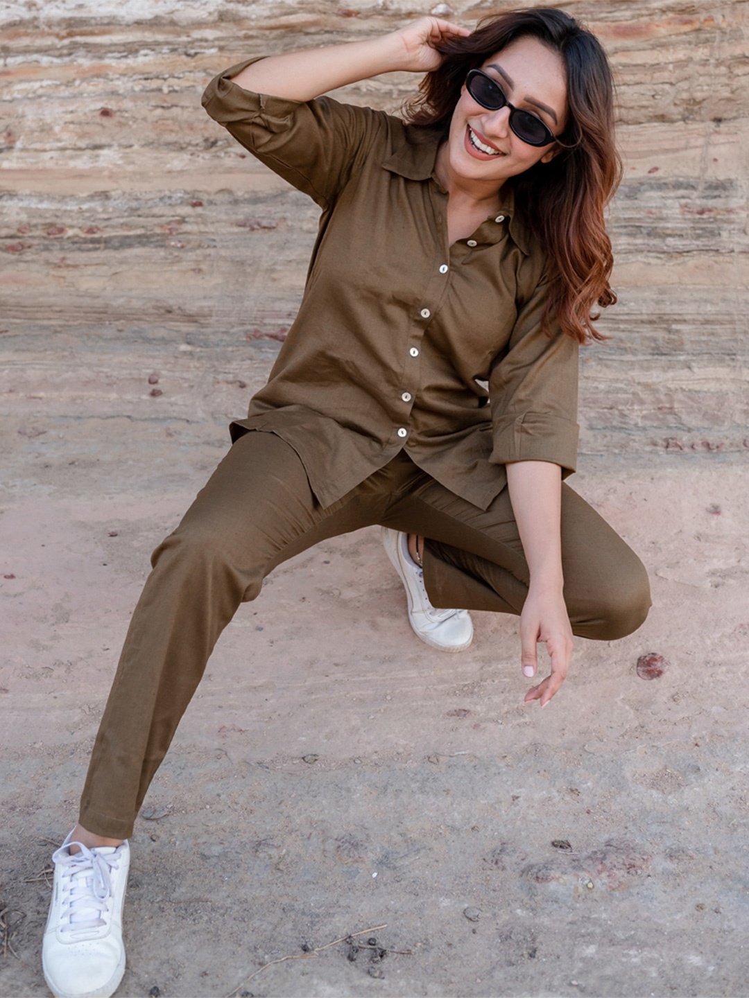 

Babli Shirt Collar Pure Cotton Shirt With Trousers Co-Ords, Khaki