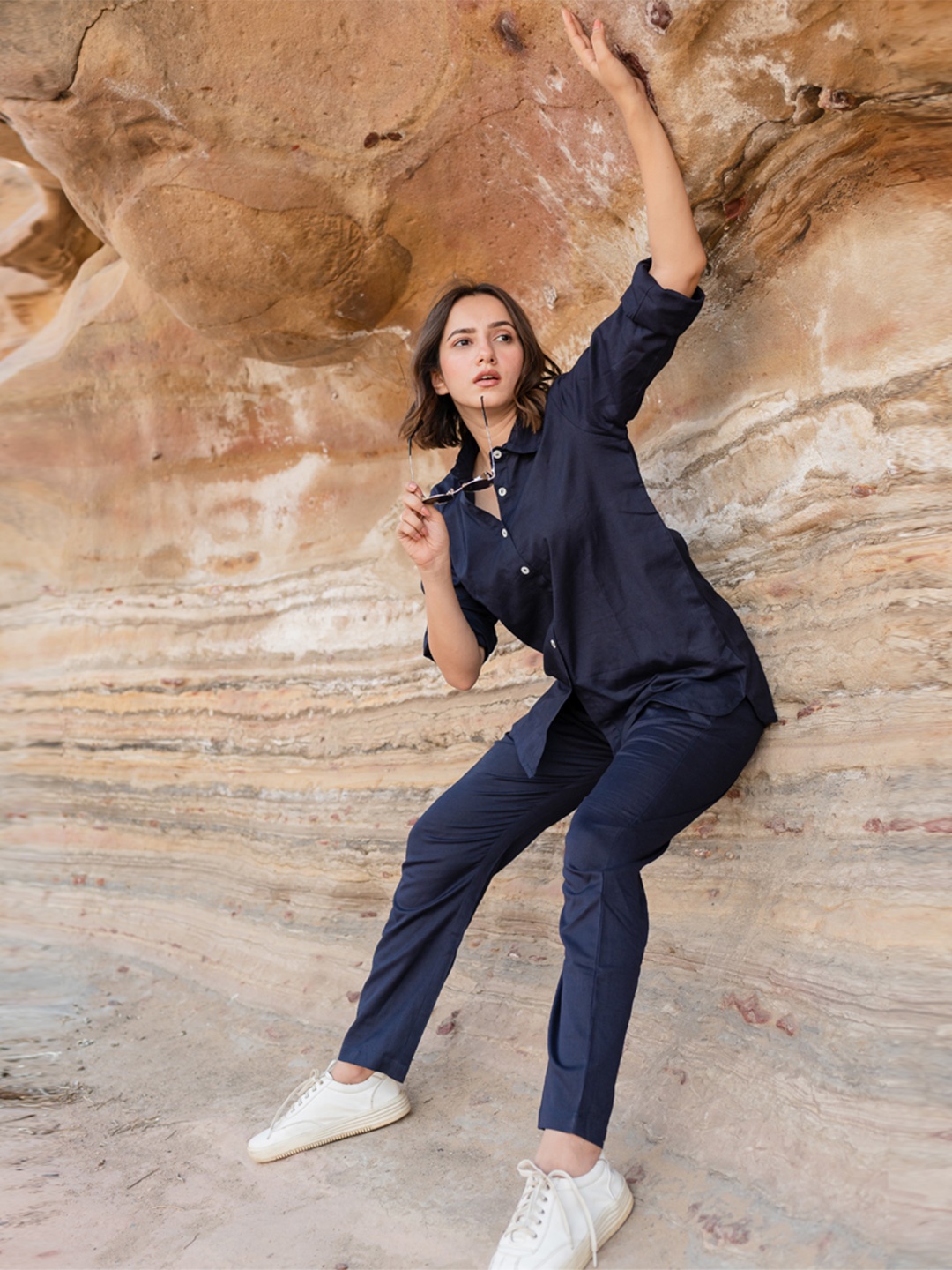 

Babli Shirt Collar Pure Cotton Shirt With Trousers Co-Ords, Navy blue