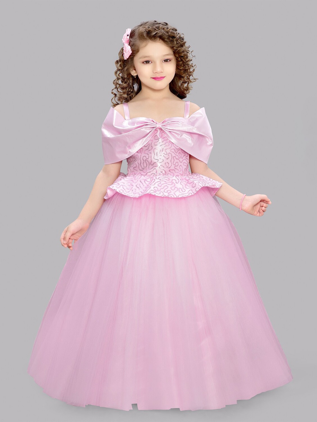 

Pink Chick Girls Pink Bow Detailed Shoulder Straps Fit & Flare Maxi Dress