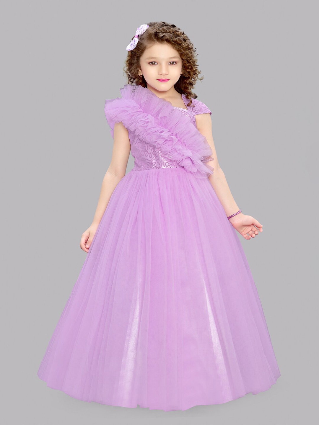 

Pink Chick Lavender Girls Ruffled Detailed Net Fit & Flare Maxi Dress
