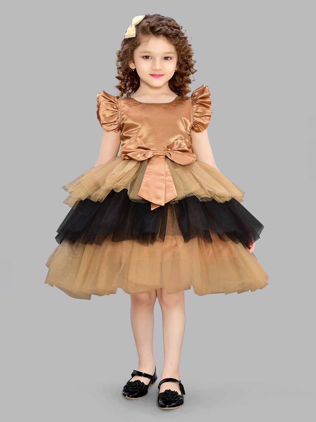 

Pink Chick Girls Bow Detailed Flutter Sleeve Tiered Fit & Flare Dress, Gold