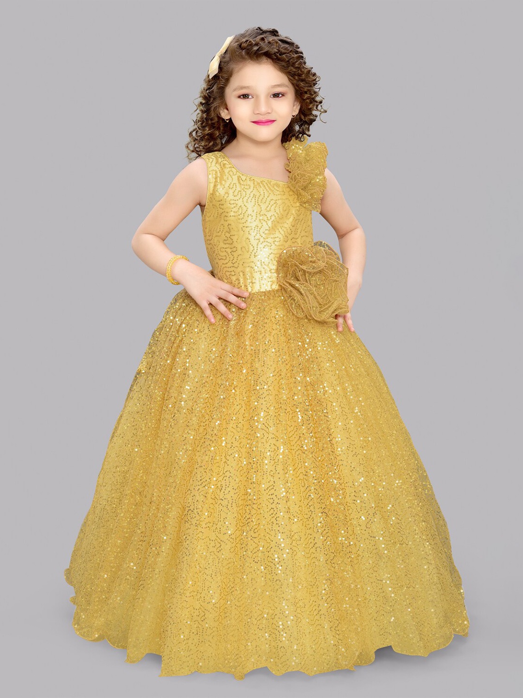 

Pink Chick Girls Embellished Net Bow Fit & Flare Maxi Dress, Gold