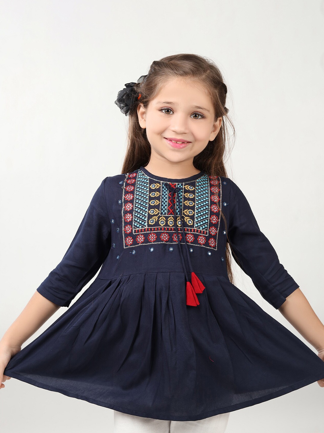 

BAESD Ethnic Motifs Embroidered A-Line Kurti, Navy blue