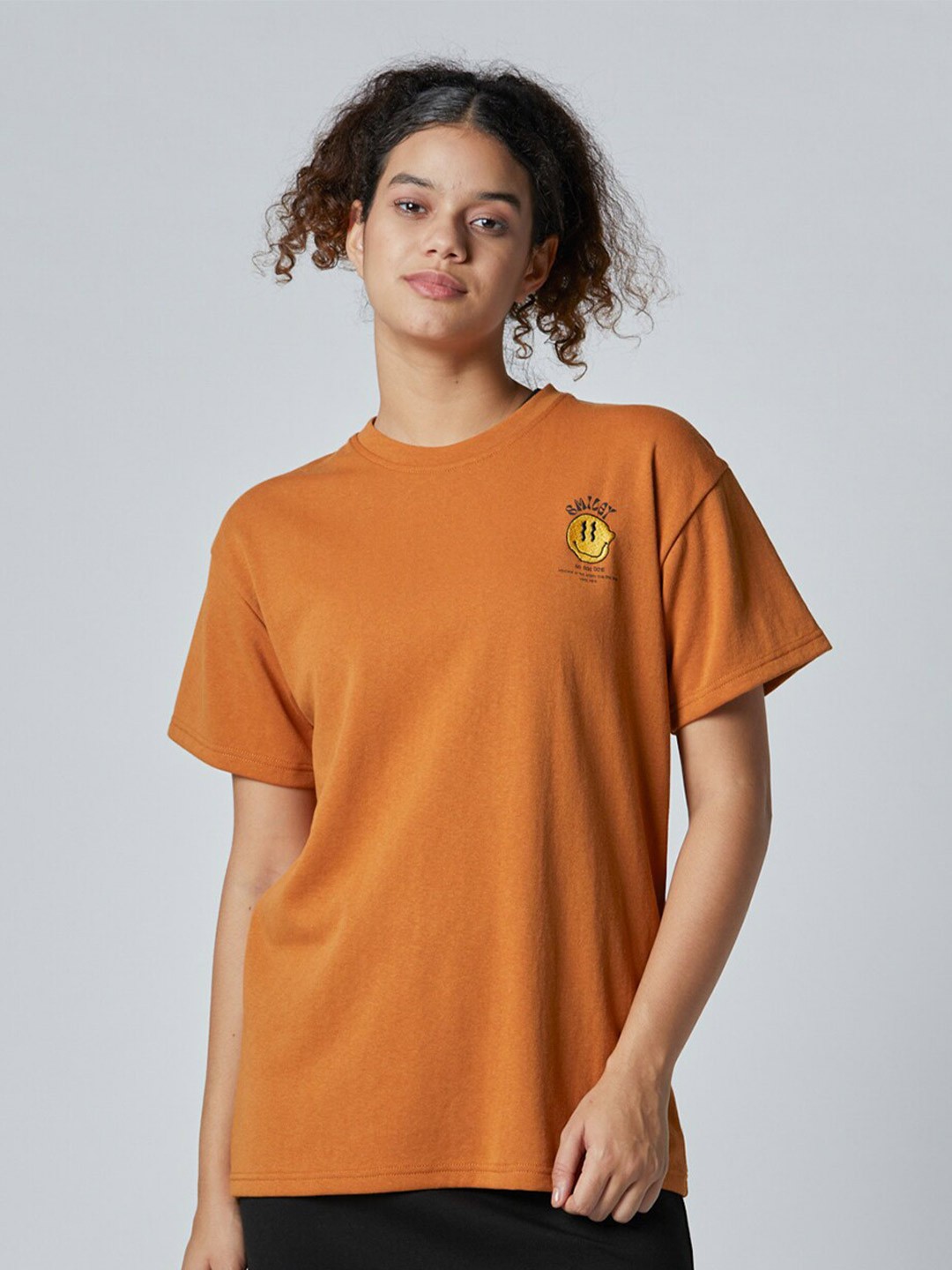 

Koovs Smiley Printed Oversized Pure Cotton T-Shirt, Brown