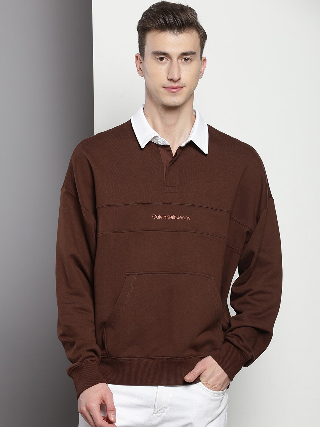 

Calvin Klein Jeans Shirt Collar Long Sleeves Cotton Sweatshirt, Brown
