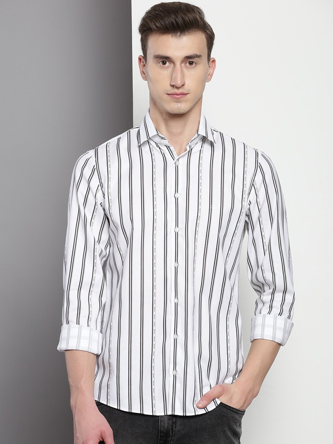

Calvin Klein Striped Slim Fit Classic Cotton Casual Shirt, White