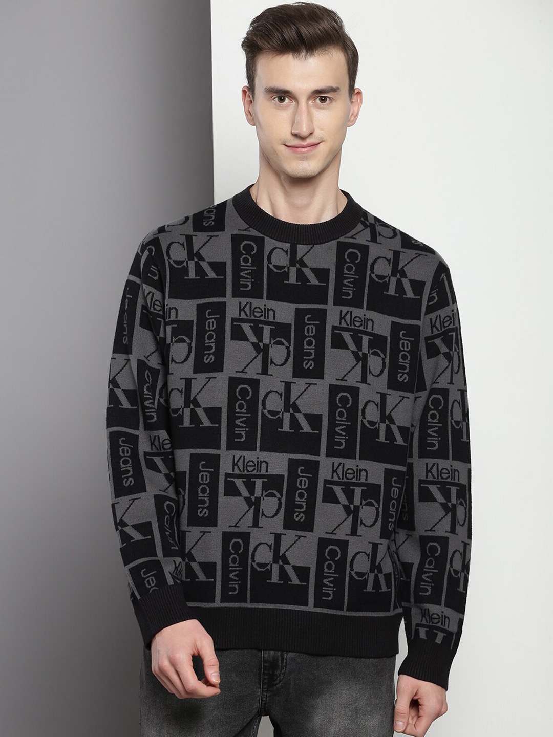 

Calvin Klein Jeans Brand Logo Printed Long Sleeves Wool Pullover Sweater, Black