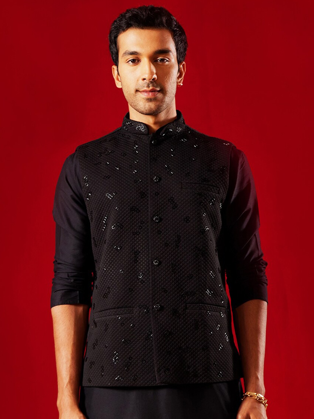 

VASTRAMAY Embellished Woven Nehru Jacket, Black