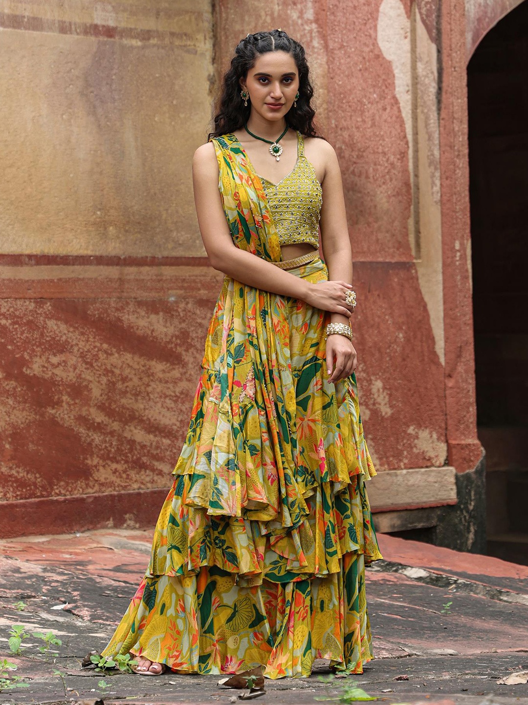 

SCAKHI Floral Printed Pure Silk Ready to Wear Saree, Lime green