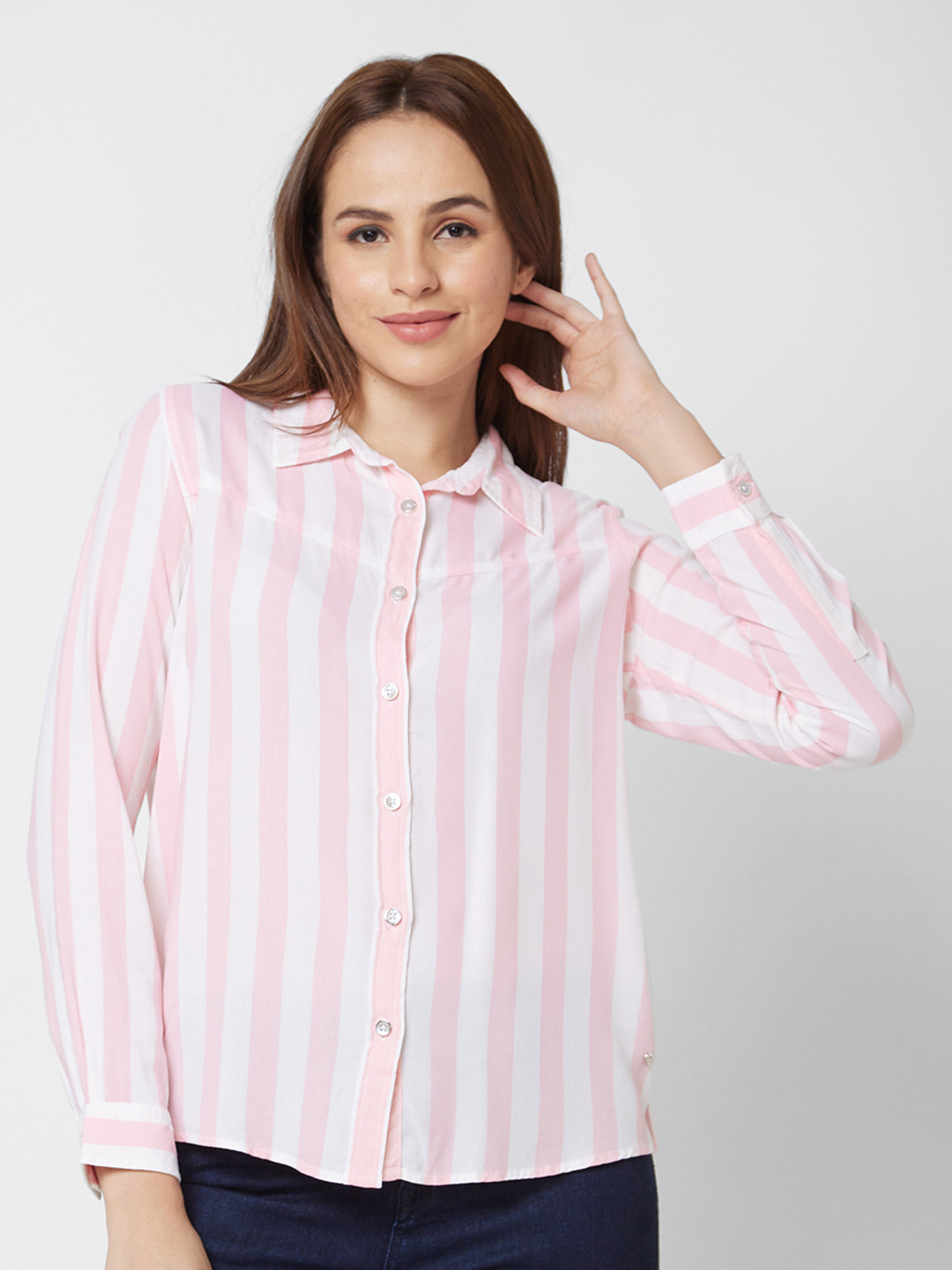 

SPYKAR Women Pink Striped Shirt