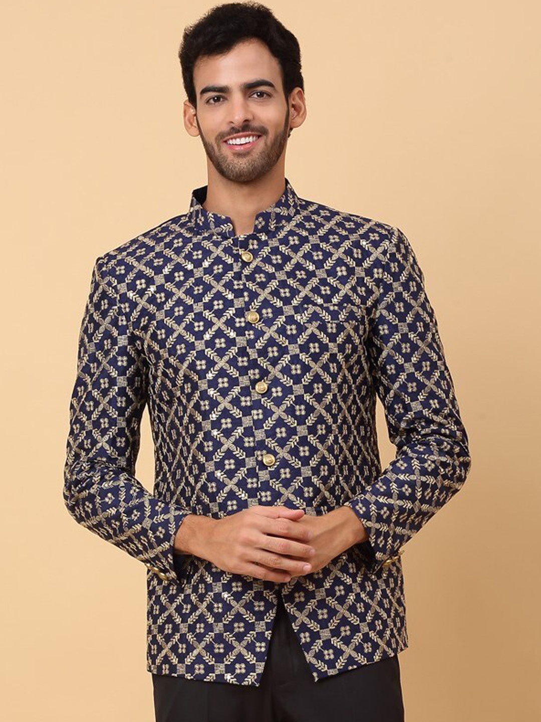 

KRAFT INDIA Self Design Mandarin Collar Blazers, Navy blue