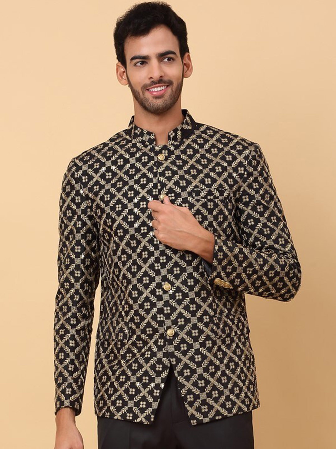 

KRAFT INDIA Self Design Mandarin Collar Blazers, Black