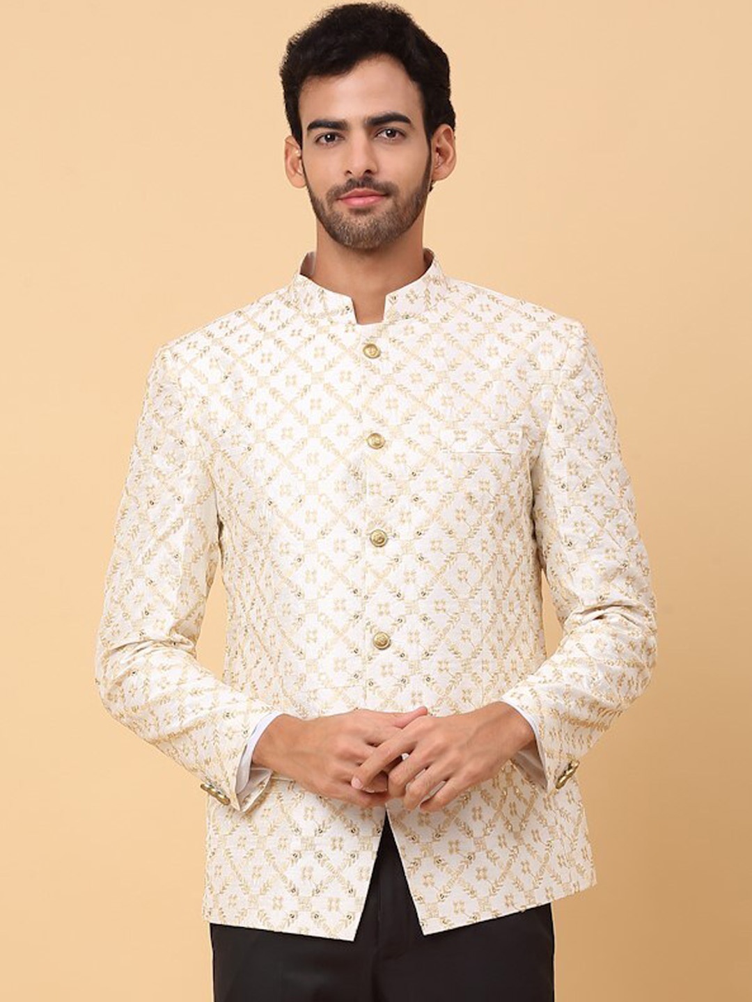 

KRAFT INDIA Self Design Mandarin Collar Blazers, Cream